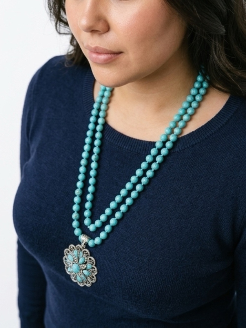 Long-Strand Turquoise Beaded Necklace with Floral Pendant